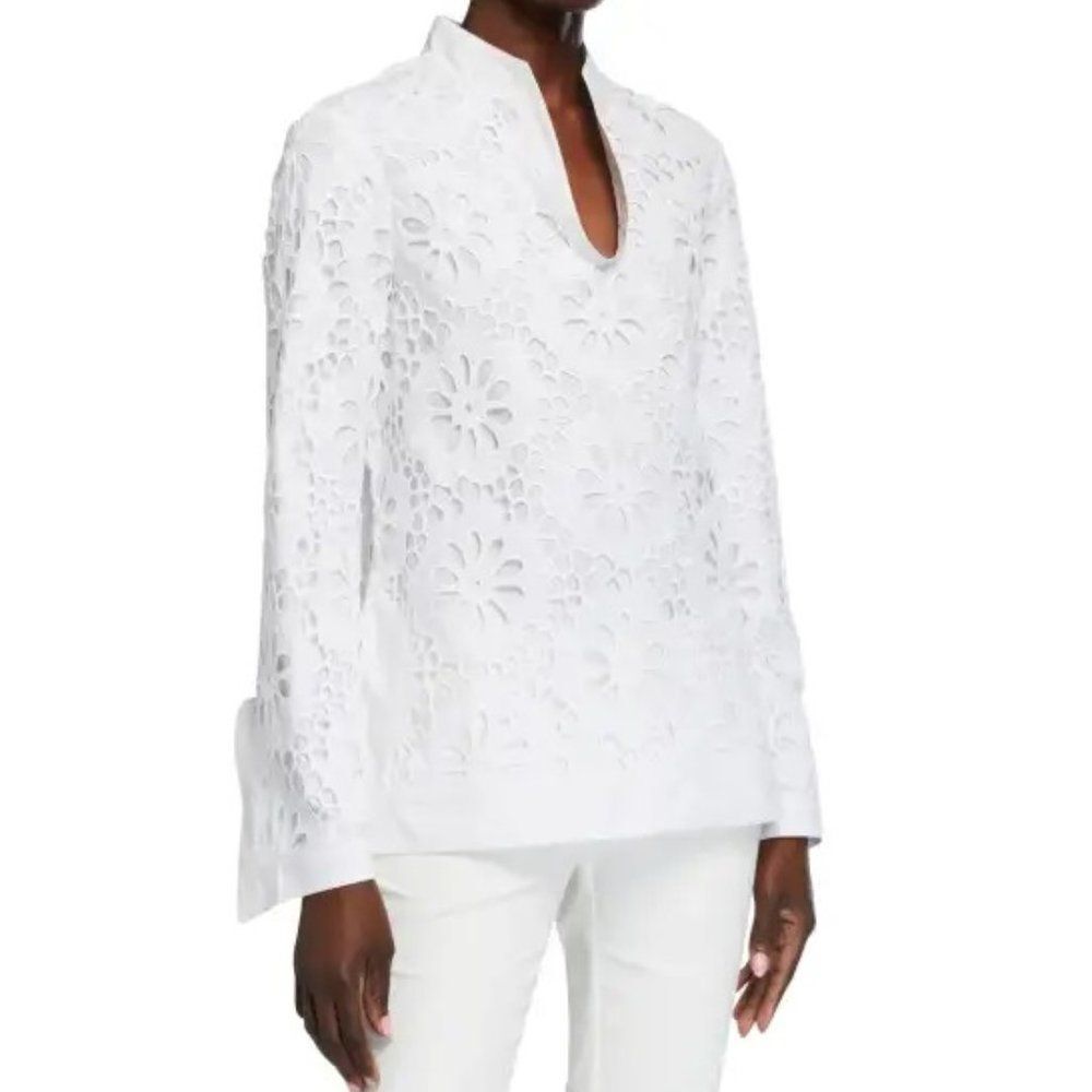 Tory Burch Cotton Eyelet Lace V-Neck Tunic Top White Size 00
